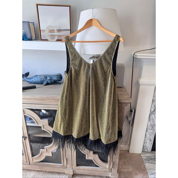 La Vie Style House Gold Dress With Black Feather Trim Size OS - Picture 1 of 7